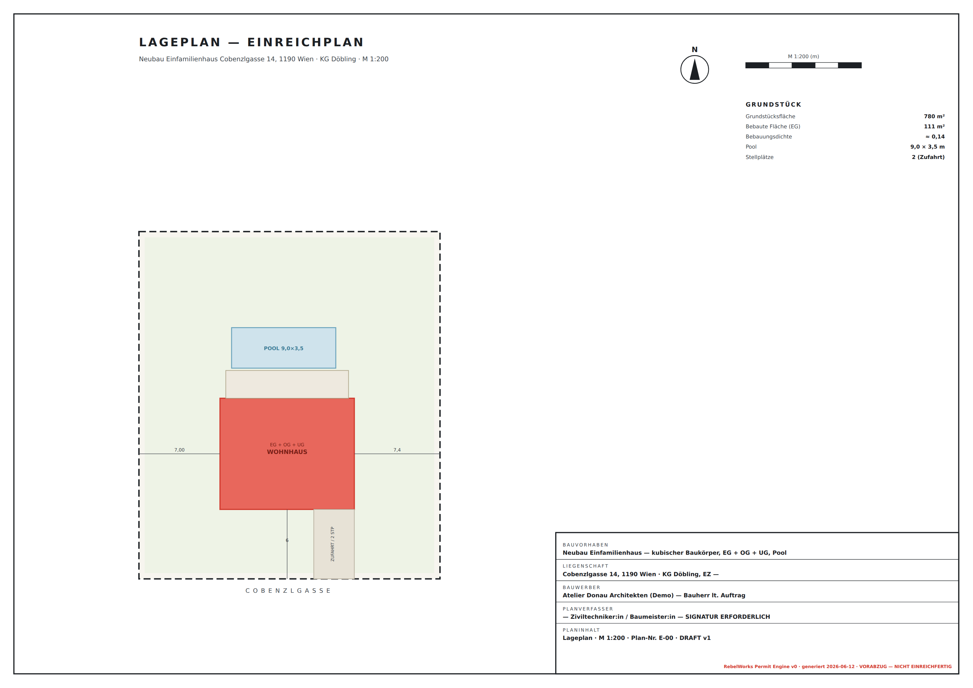 Lageplan M 1:200 mit Pool und Garten